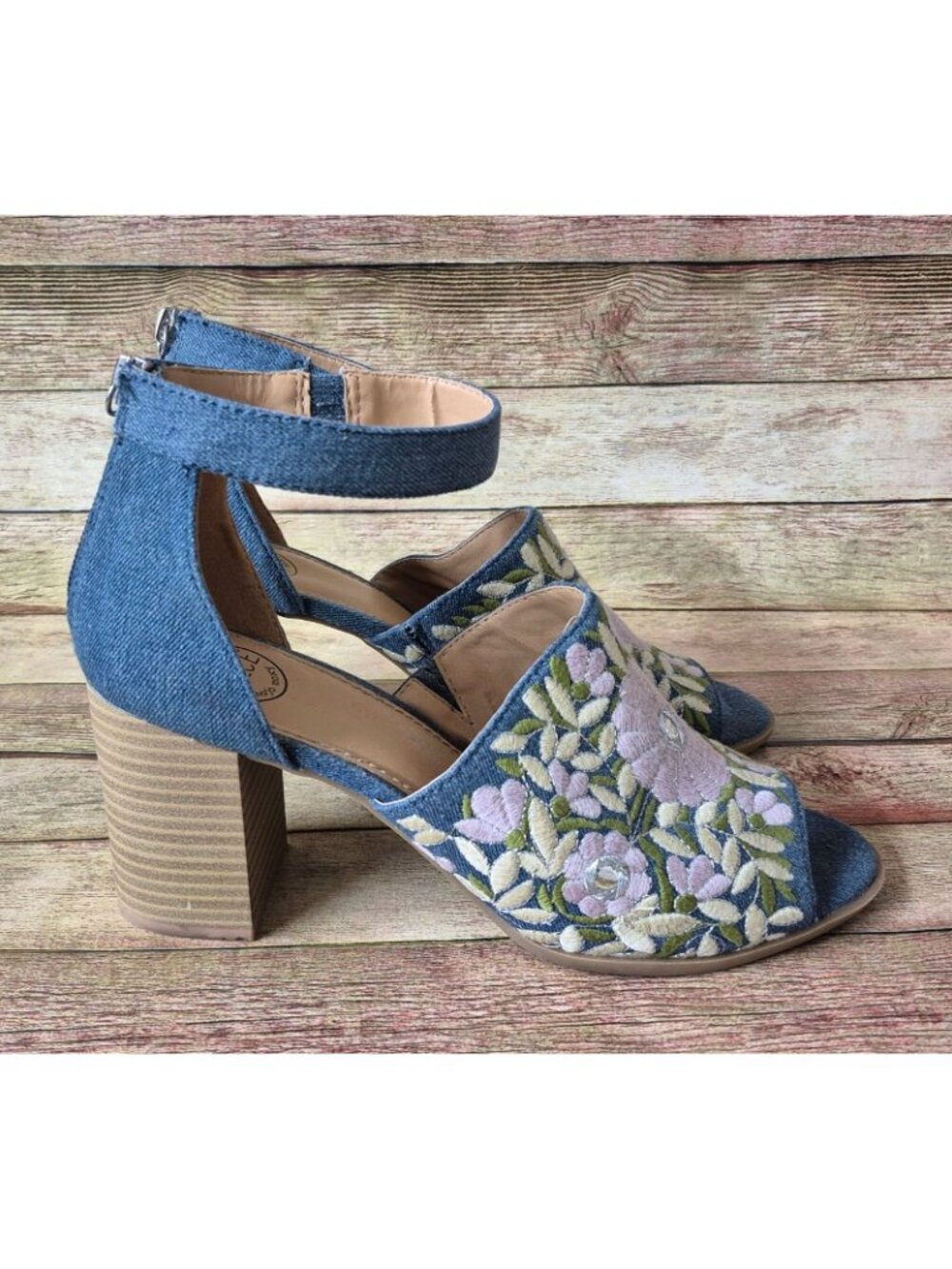Dolce Mojo Moxy Womens 10M Blue Denim Floral Embroidered Block Heel Sandals - Picture 5 of 14